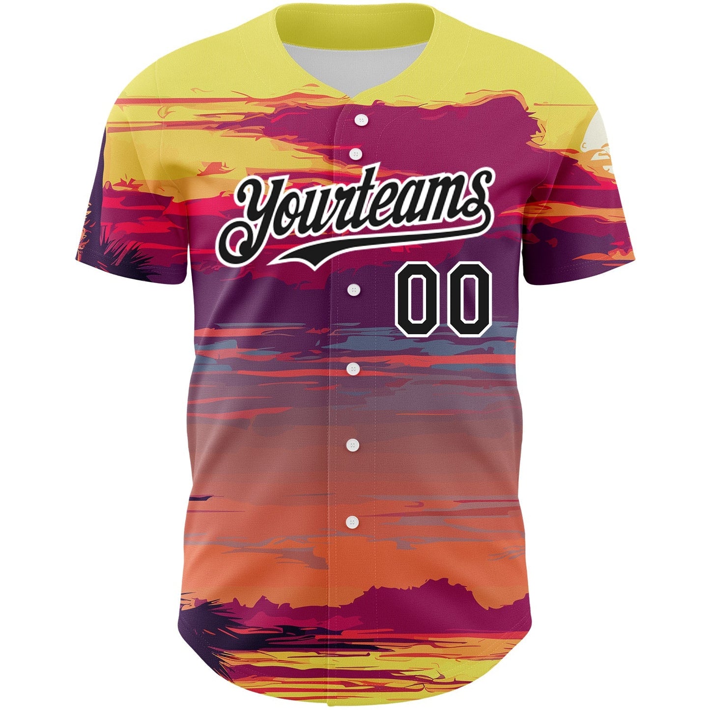 Custom Yellow Black-White 3D Pattern Design Beach Hawaii Palm Trees Authentic Baseball Jersey baseball jersey product view 2