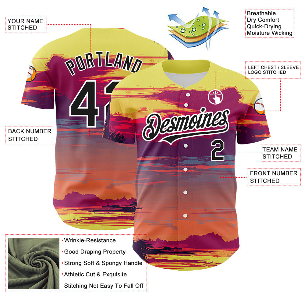 Custom Yellow Black-White 3D Pattern Design Beach Hawaii Palm Trees Authentic Baseball Jersey baseball jersey product view 3