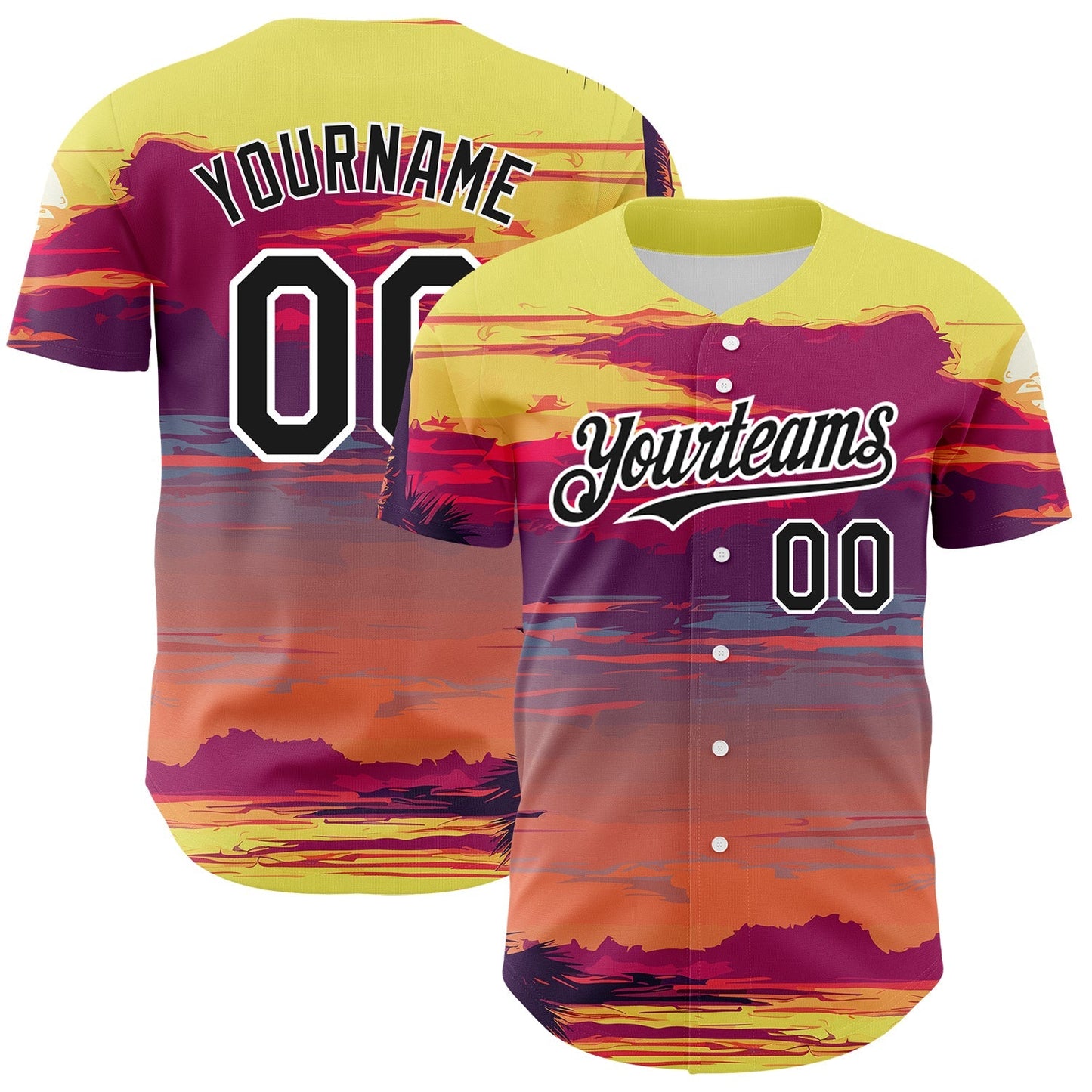 Custom Yellow Black-White 3D Pattern Design Beach Hawaii Palm Trees Authentic Baseball Jersey baseball jersey product view 1