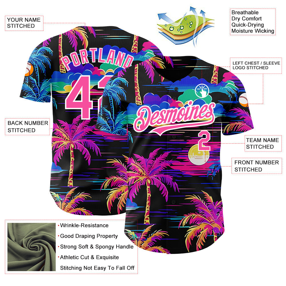 Custom Black Pink-White 3D Pattern Design Beach Hawaii Palm Trees Authentic Baseball Jersey baseball jersey product view 3
