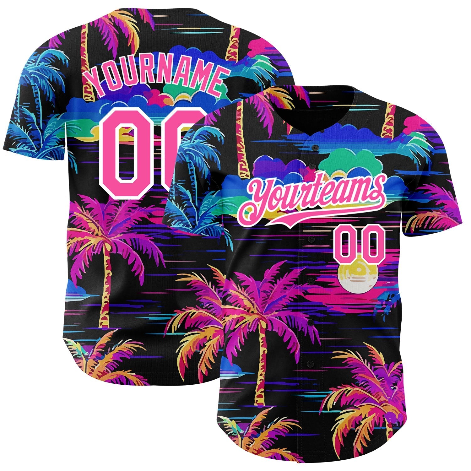 Custom Black Pink-White 3D Pattern Design Beach Hawaii Palm Trees Authentic Baseball Jersey baseball jersey product view 1
