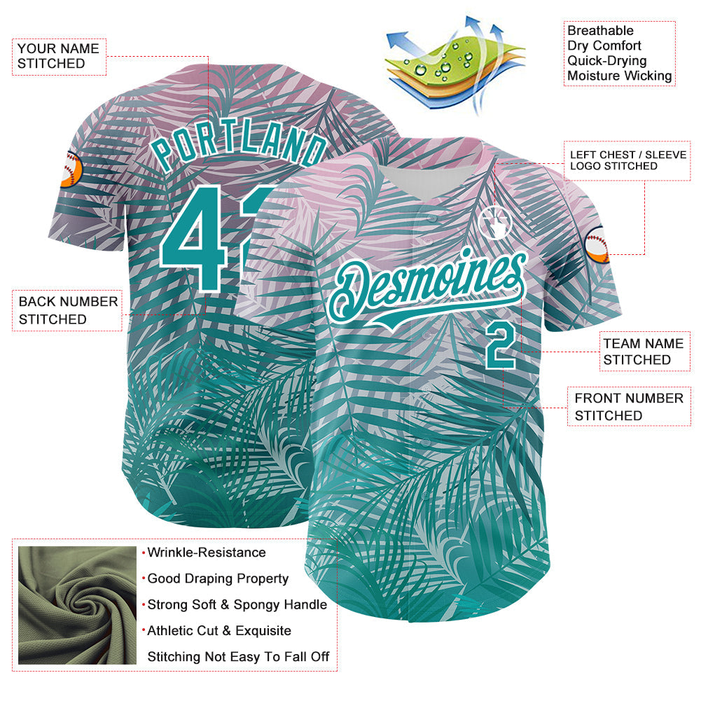 Custom Teal White 3D Pattern Design Tropical Hawaii Palm Leaves Authentic Baseball Jersey baseball jersey product view 3