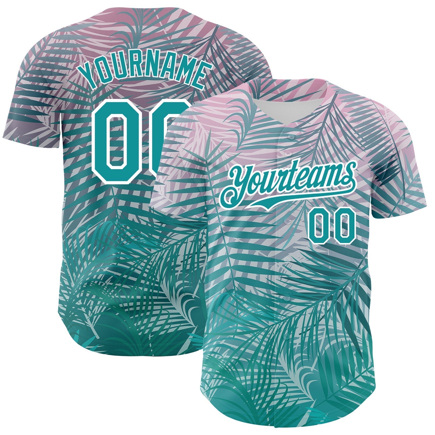 Custom Teal White 3D Pattern Design Tropical Hawaii Palm Leaves Authentic Baseball Jersey baseball jersey product view 1