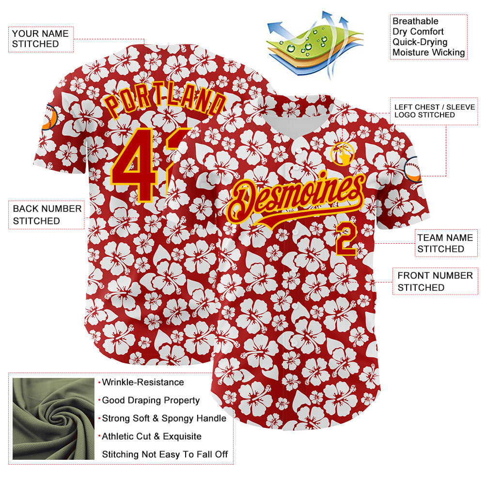 Custom Red Yellow 3D Pattern Design Tropical Hawaii Flower Authentic Baseball Jersey baseball jersey product view 3