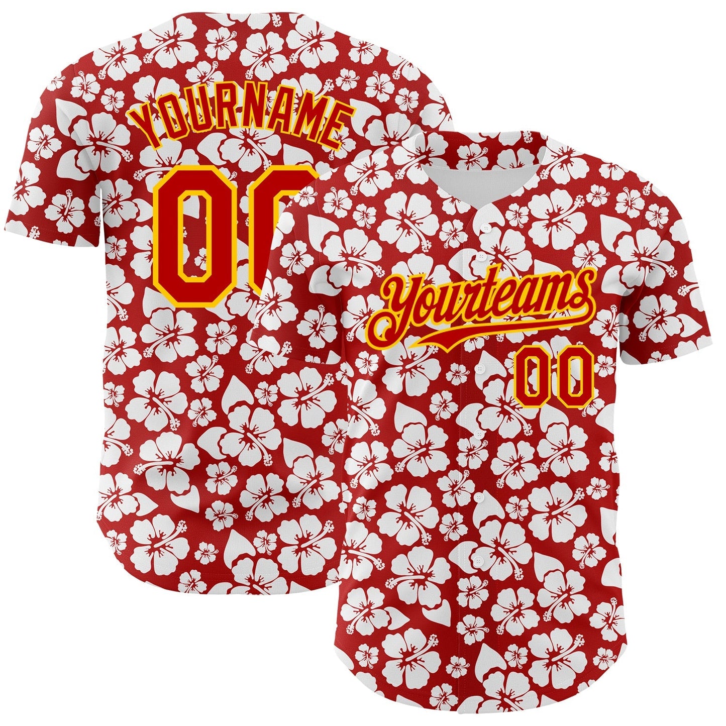 Custom Red Yellow 3D Pattern Design Tropical Hawaii Flower Authentic Baseball Jersey baseball jersey product view 1