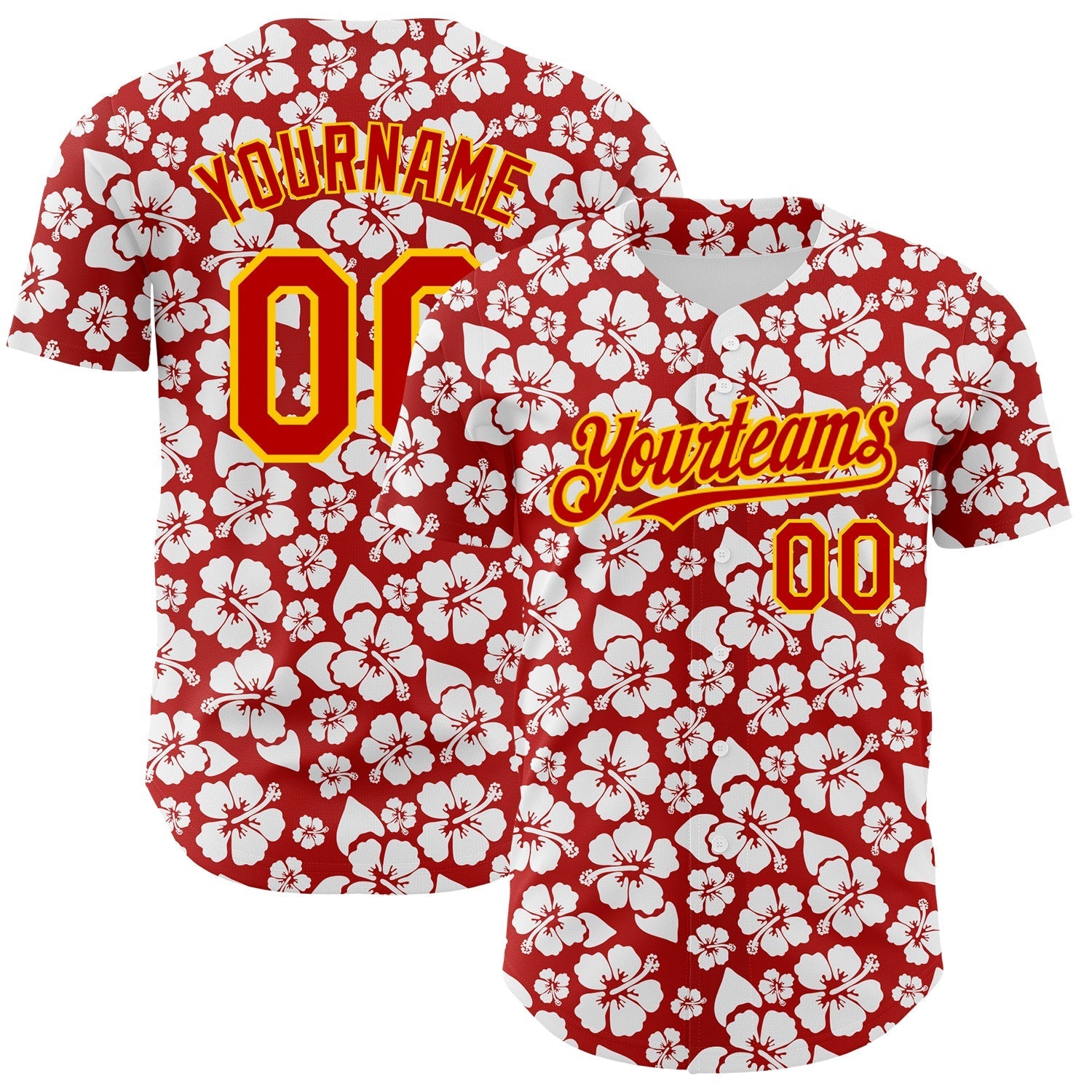 Custom Red Yellow 3D Pattern Design Tropical Hawaii Flower Authentic Baseball Jersey baseball jersey product view 1