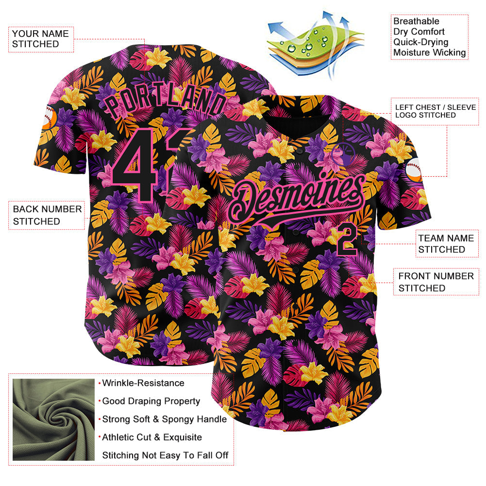 Custom Black Pink 3D Pattern Design Tropical Flower And Hawaii Palm Leaves Authentic Baseball Jersey baseball jersey product view 3