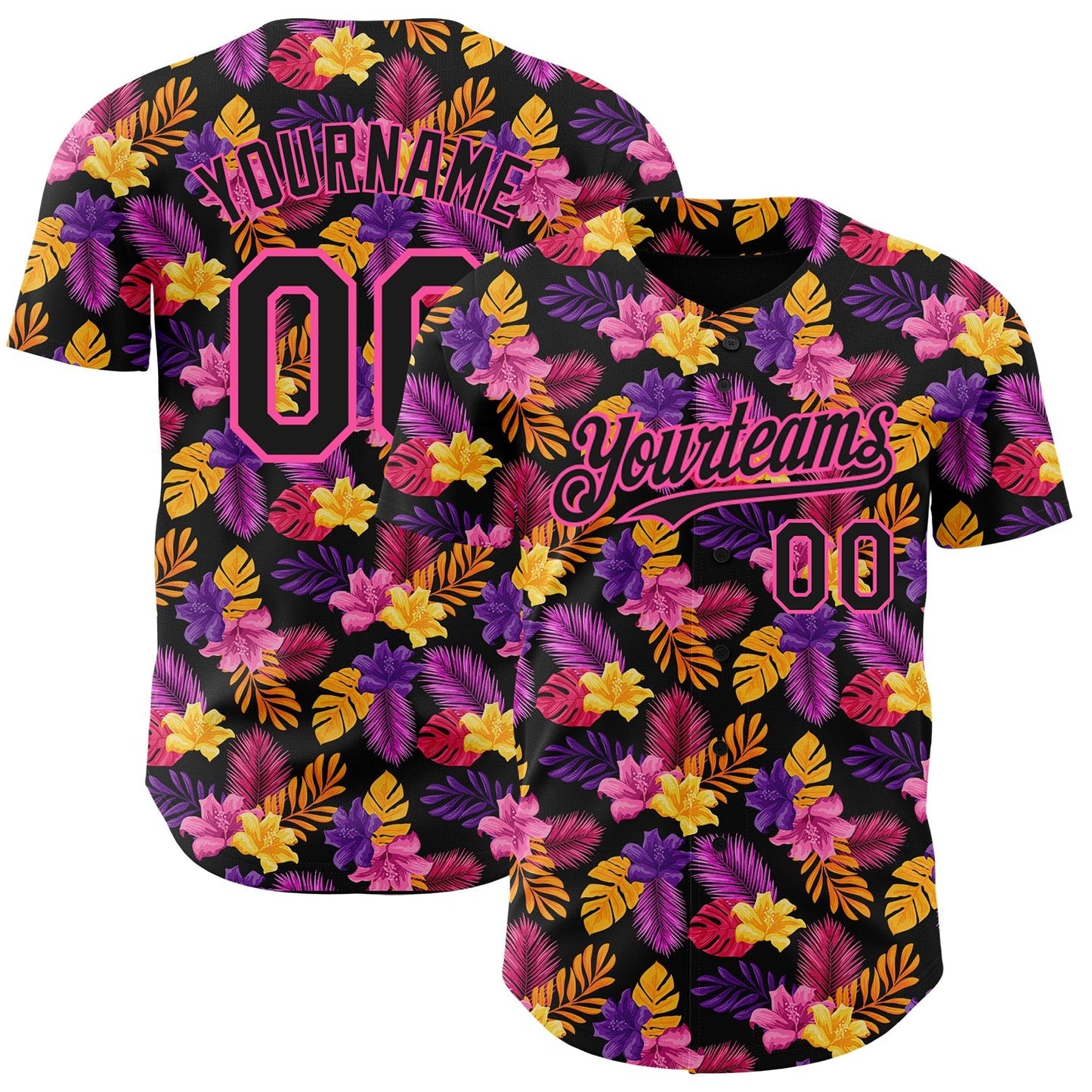 Custom Black Pink 3D Pattern Design Tropical Flower And Hawaii Palm Leaves Authentic Baseball Jersey baseball jersey product view 1
