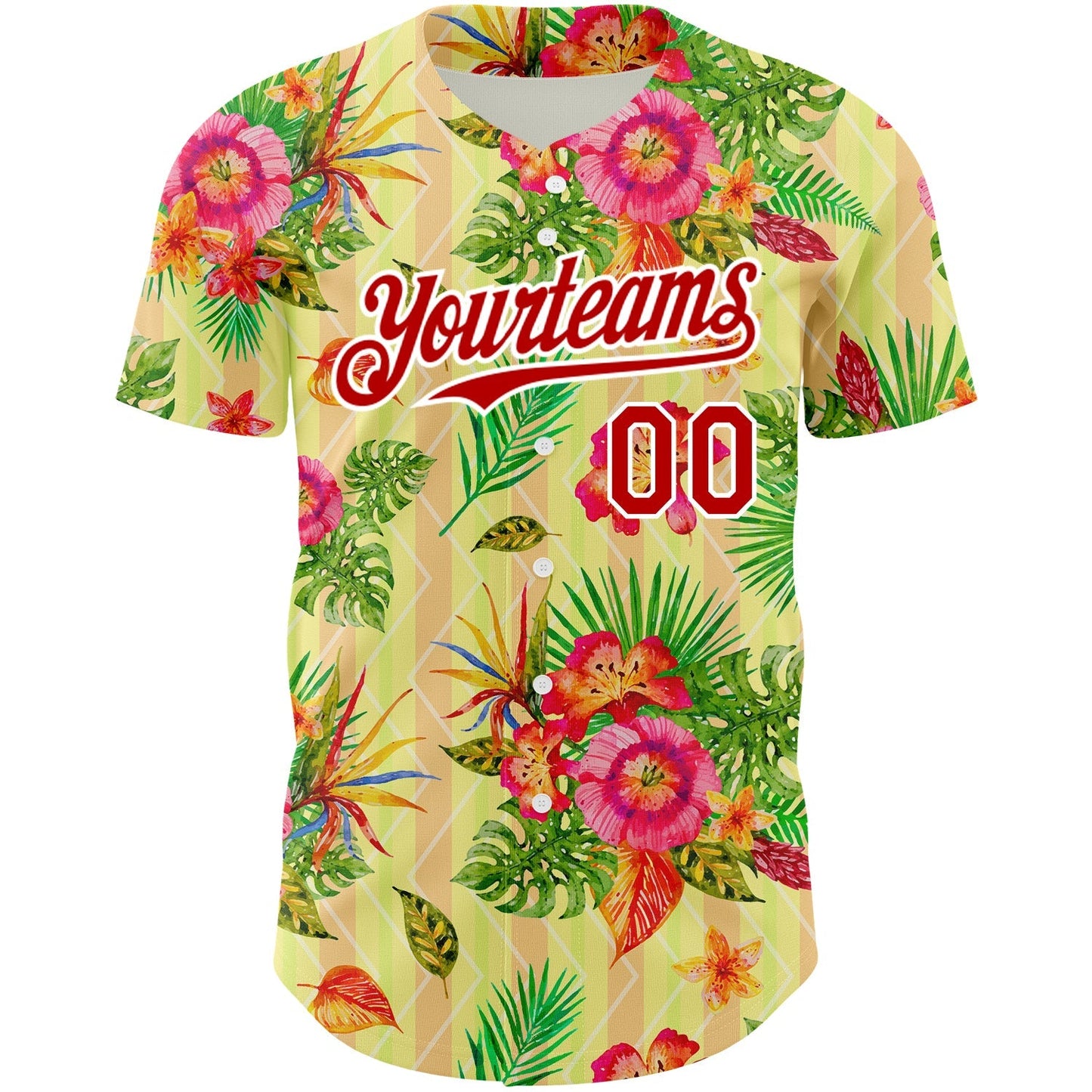 Custom Neon Yellow Red-White 3D Pattern Design Tropical Flower And Hawaii Palm Leaves Authentic Baseball Jersey baseball jersey product view 2