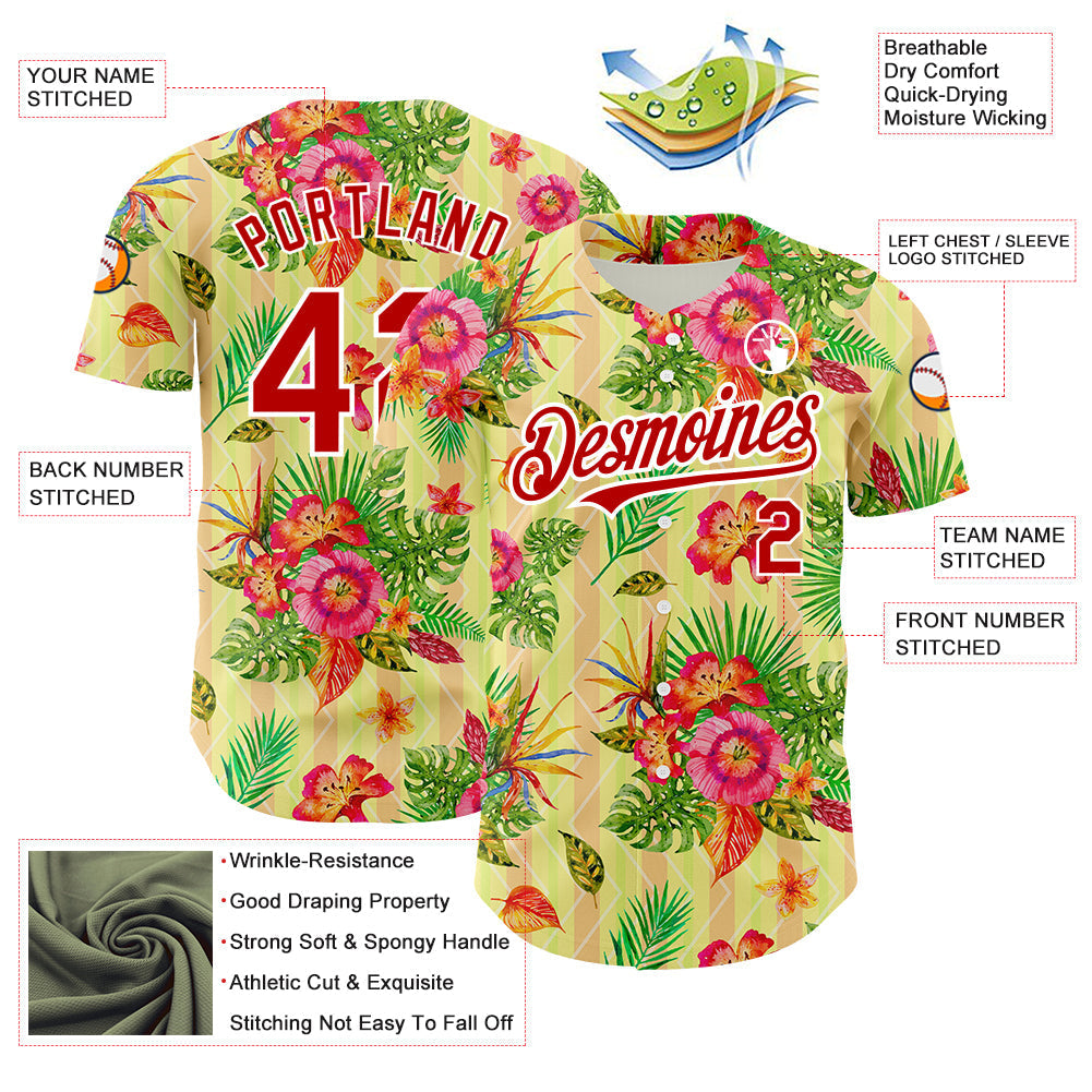Custom Neon Yellow Red-White 3D Pattern Design Tropical Flower And Hawaii Palm Leaves Authentic Baseball Jersey baseball jersey product view 3