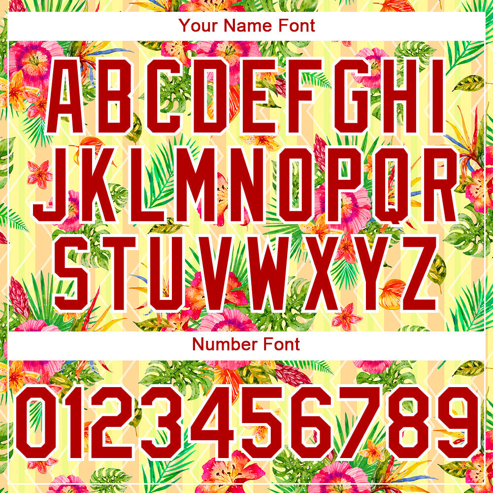Custom Neon Yellow Red-White 3D Pattern Design Tropical Flower And Hawaii Palm Leaves Authentic Baseball Jersey baseball jersey product view 5