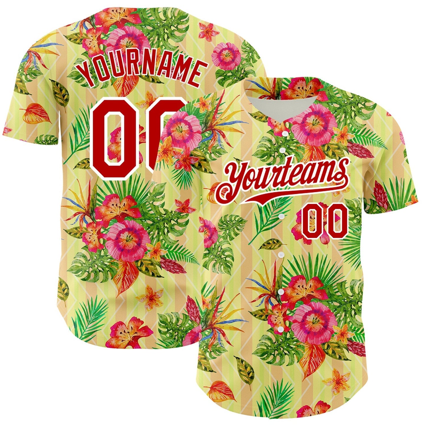 Custom Neon Yellow Red-White 3D Pattern Design Tropical Flower And Hawaii Palm Leaves Authentic Baseball Jersey baseball jersey product view 1