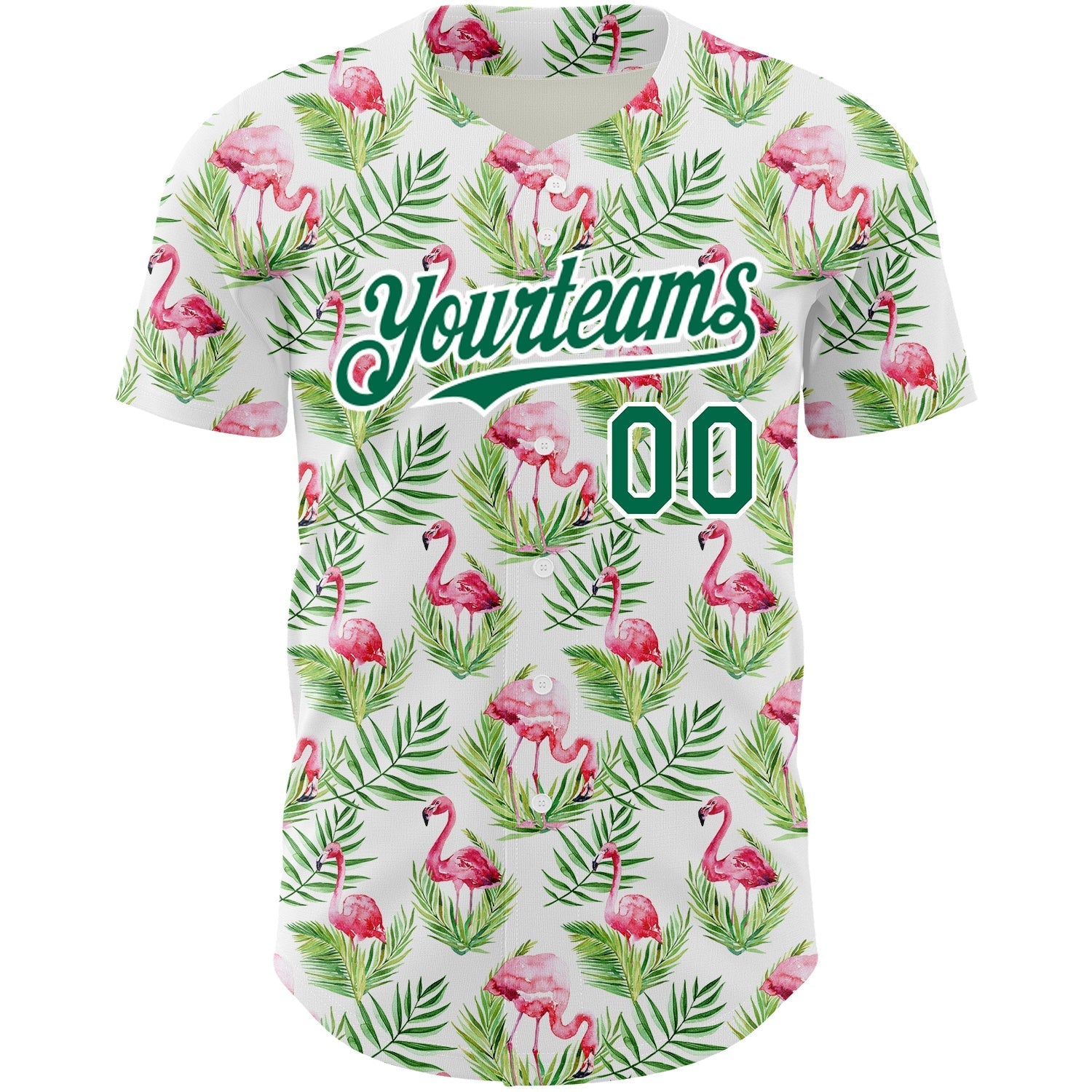 Custom White Kelly Green 3D Pattern Design Tropical Hawaii Palm Leaves And Flamingo Authentic Baseball Jersey baseball jersey product view 2