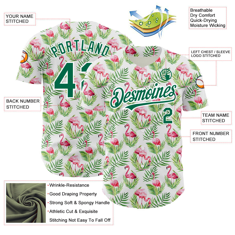 Custom White Kelly Green 3D Pattern Design Tropical Hawaii Palm Leaves And Flamingo Authentic Baseball Jersey baseball jersey product view 3