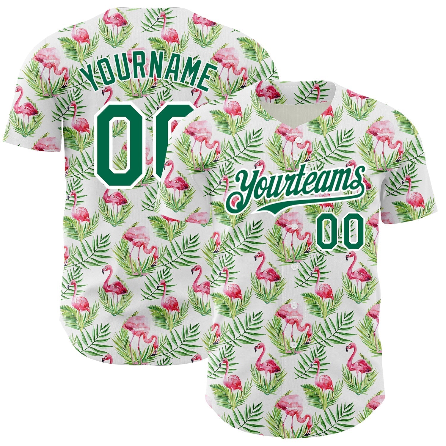 Custom White Kelly Green 3D Pattern Design Tropical Hawaii Palm Leaves And Flamingo Authentic Baseball Jersey baseball jersey product view 1