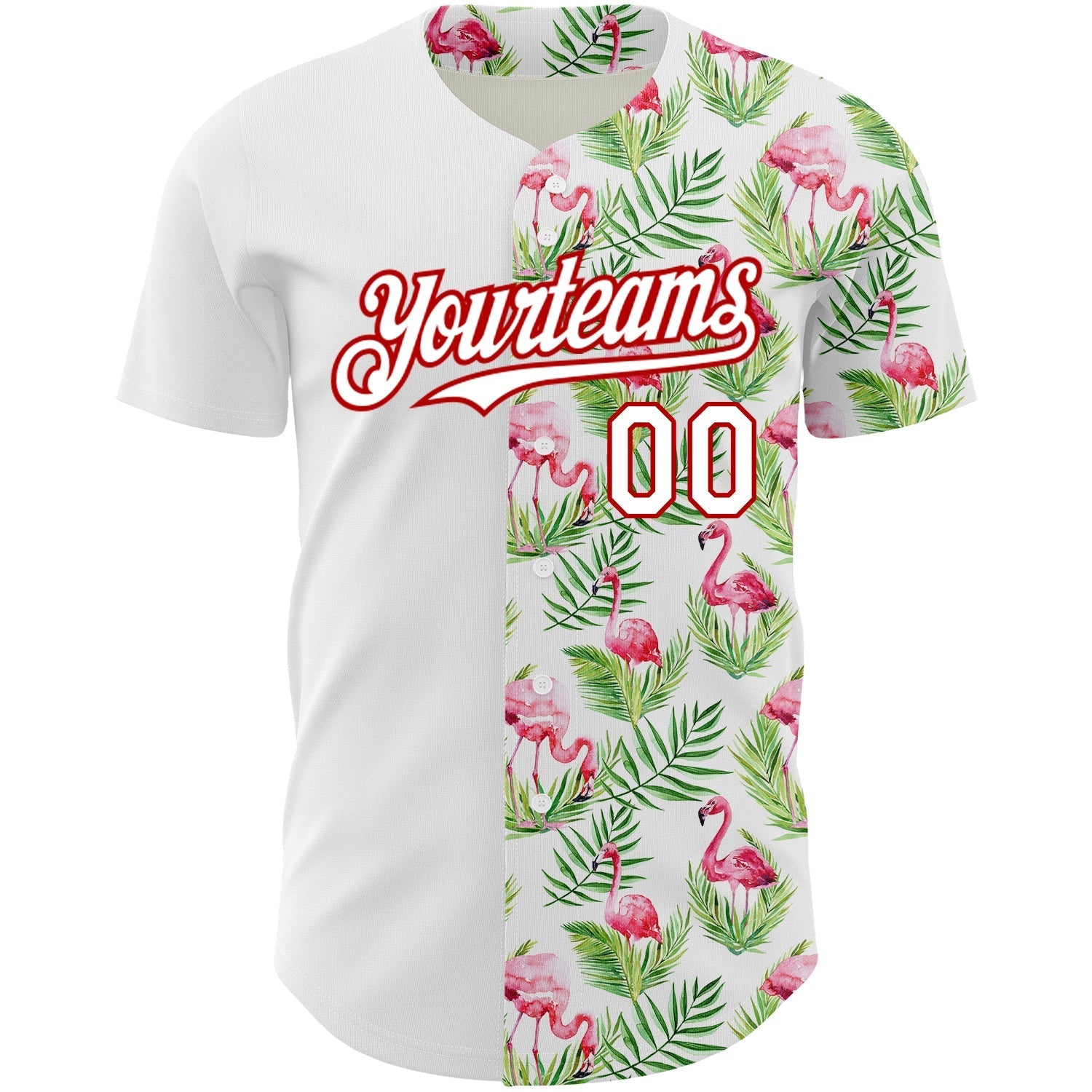 Custom White Red 3D Pattern Design Tropical Hawaii Palm Leaves And Flamingo Authentic Baseball Jersey baseball jersey product view 2