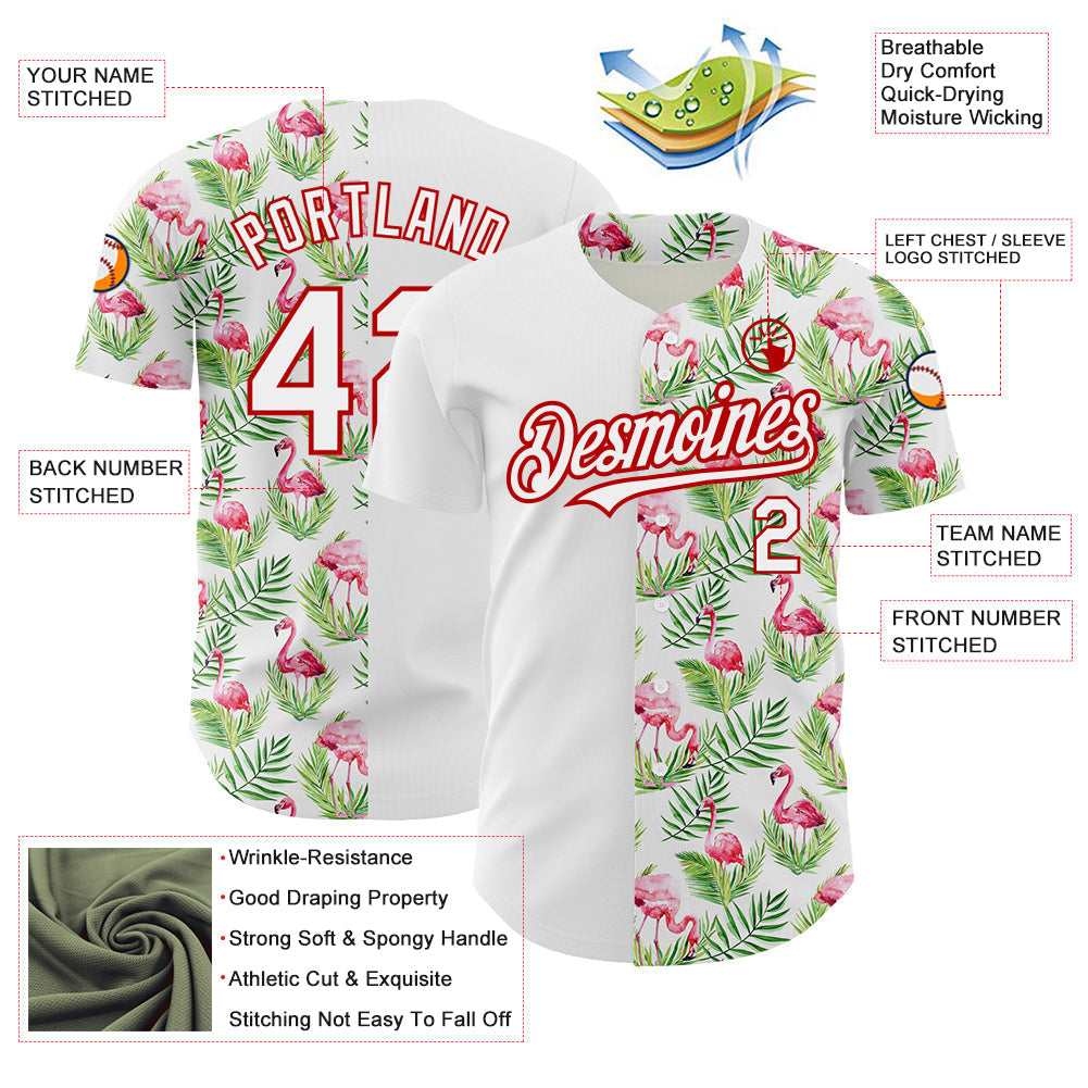 Custom White Red 3D Pattern Design Tropical Hawaii Palm Leaves And Flamingo Authentic Baseball Jersey baseball jersey product view 3