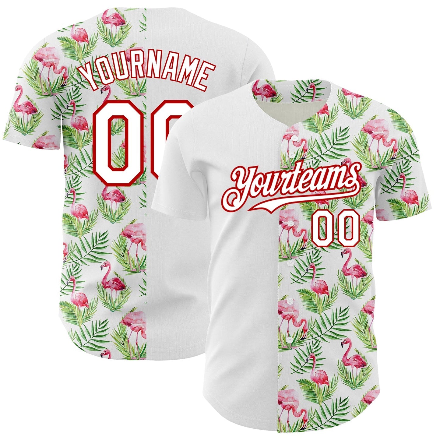 Custom White Red 3D Pattern Design Tropical Hawaii Palm Leaves And Flamingo Authentic Baseball Jersey baseball jersey product view 1