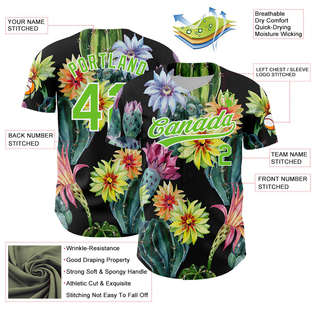 Custom Black Aurora Green-White 3D Pattern Design Cactus Festival Authentic Baseball Jersey baseball jersey product view 3