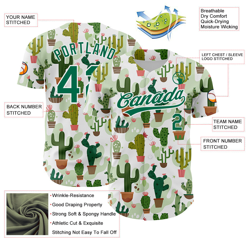 Custom White Kelly Green 3D Pattern Design Cactus Festival Authentic Baseball Jersey baseball jersey product view 3