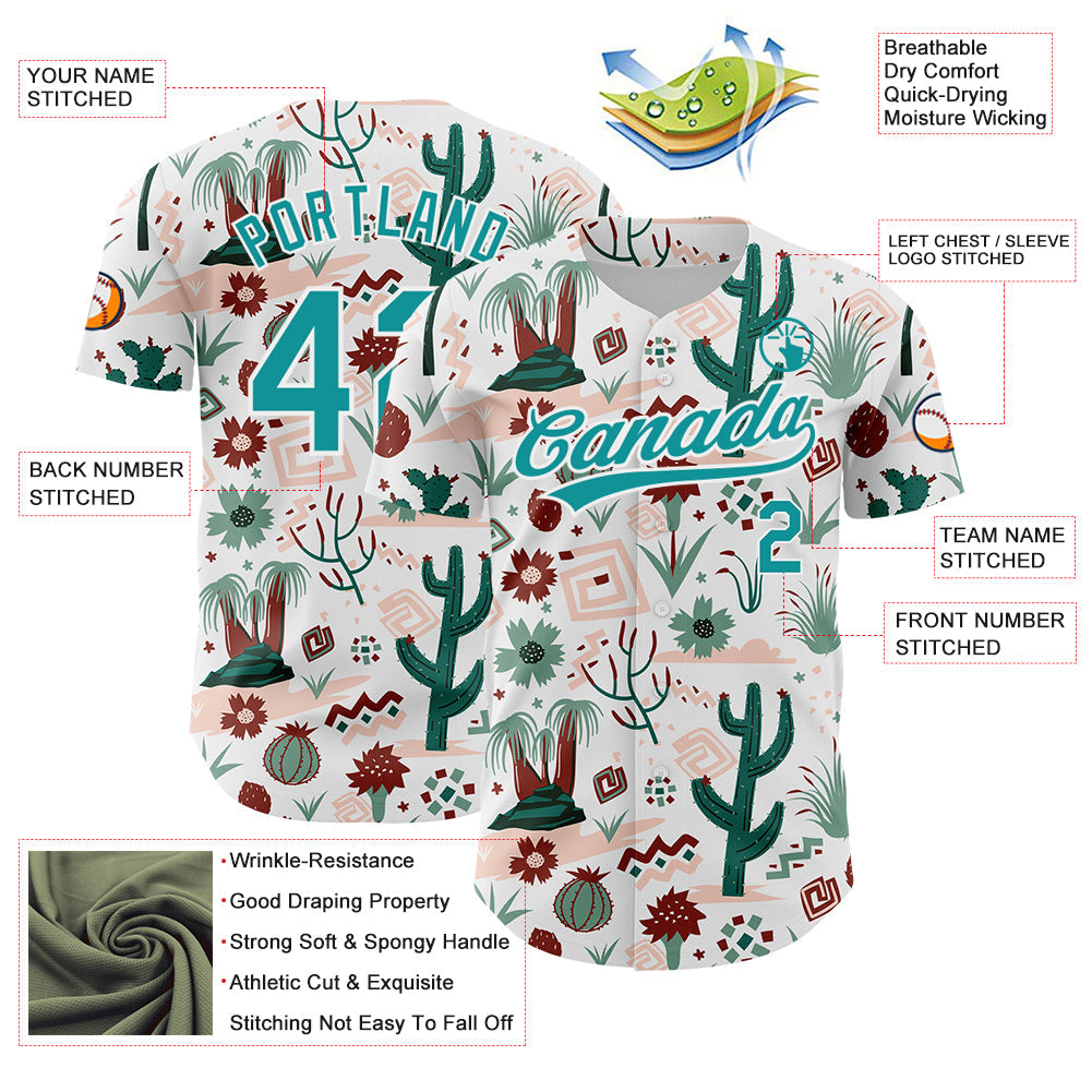 Custom White Teal 3D Pattern Design Cactus Festival Authentic Baseball Jersey baseball jersey product view 3