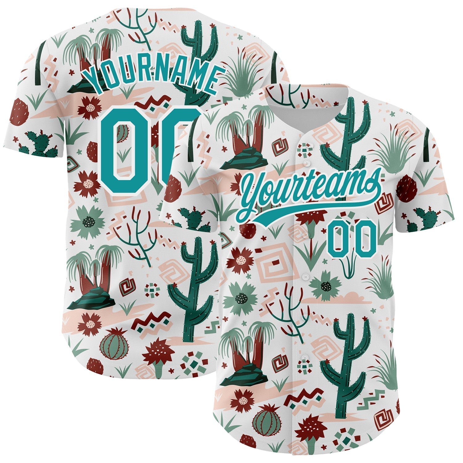 Custom White Teal 3D Pattern Design Cactus Festival Authentic Baseball Jersey baseball jersey product view 1