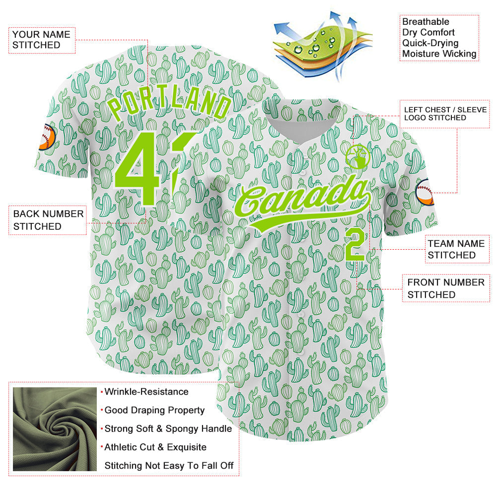 Custom White Neon Green 3D Pattern Design Cactus Festival Authentic Baseball Jersey baseball jersey product view 3