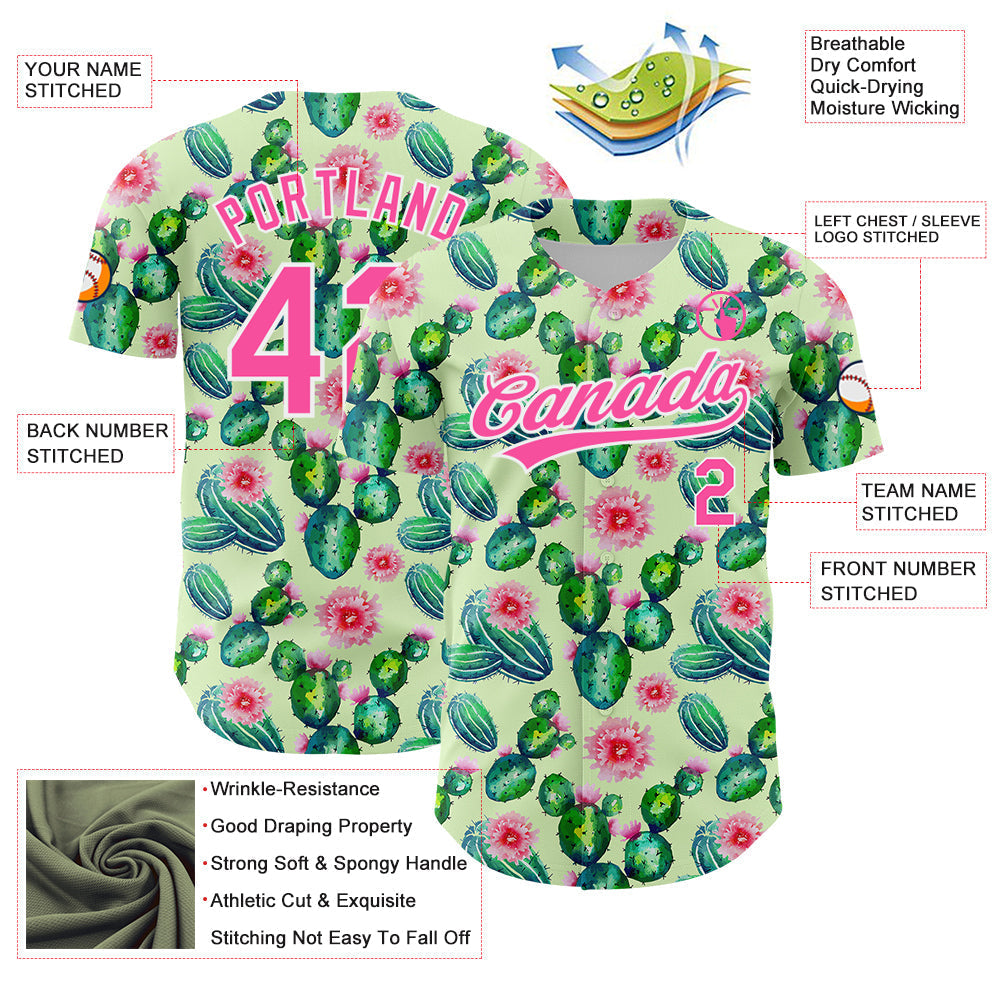 Custom Green Pink-White 3D Pattern Design Cactus Festival Authentic Baseball Jersey baseball jersey product view 3