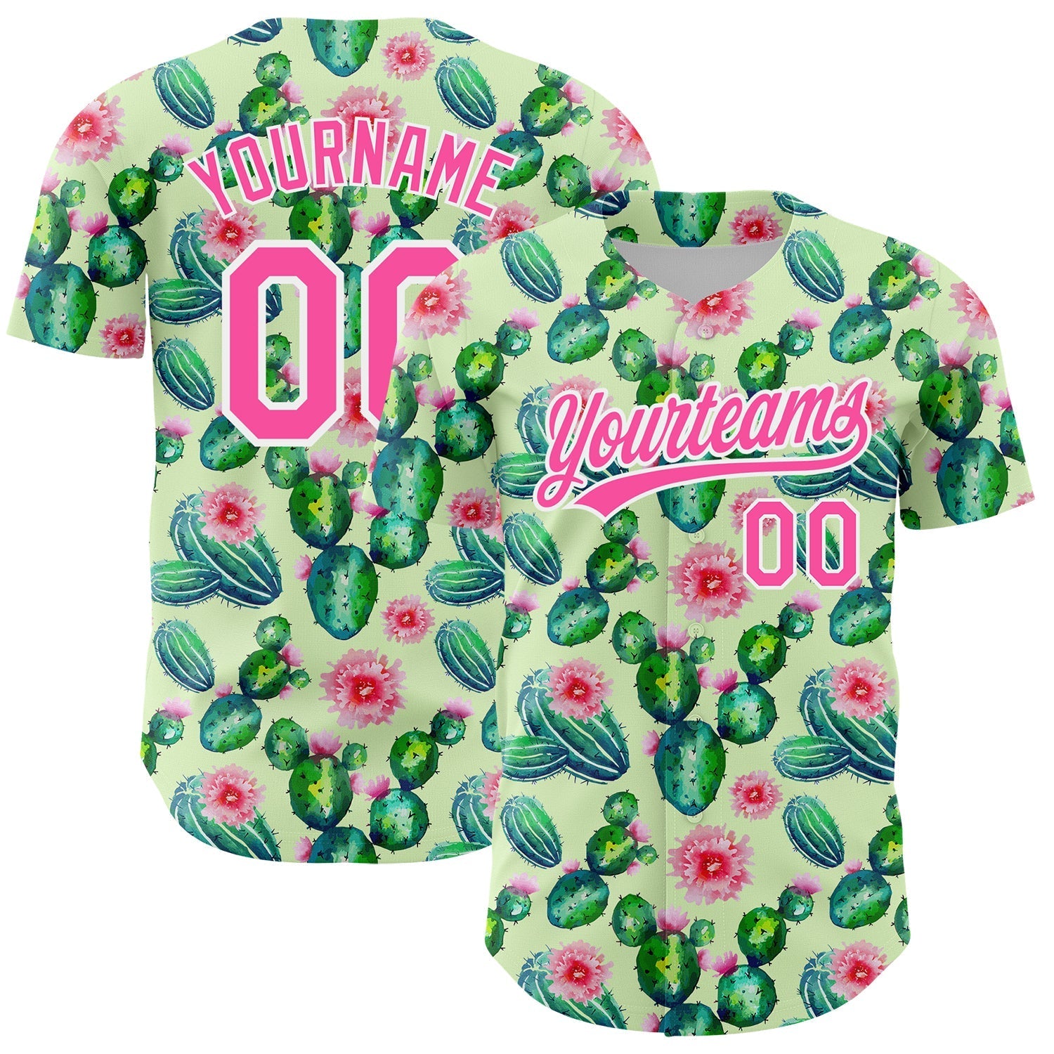Custom Green Pink-White 3D Pattern Design Cactus Festival Authentic Baseball Jersey baseball jersey product view 1