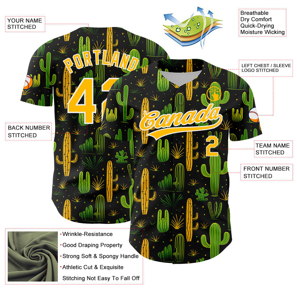Custom Black Gold-White 3D Pattern Design Cactus Festival Authentic Baseball Jersey baseball jersey product view 3