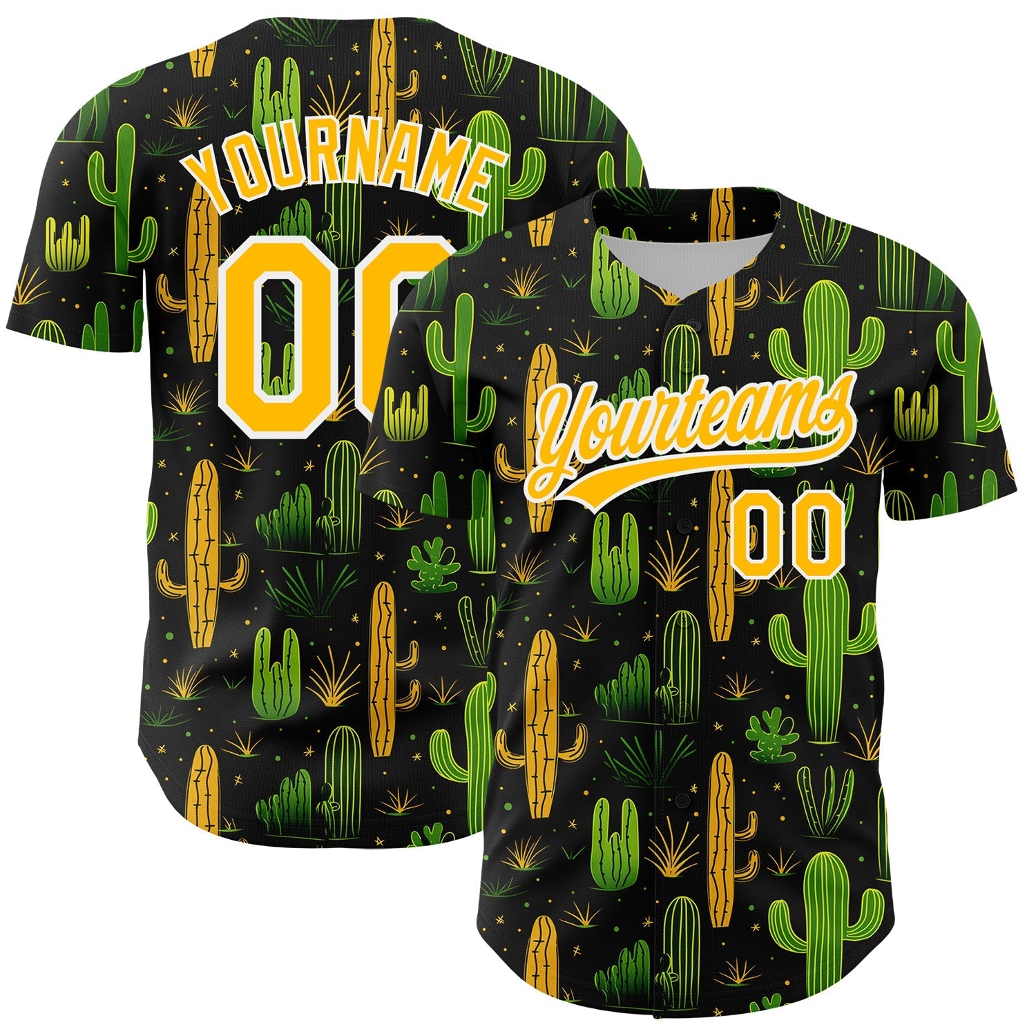 Custom Black Gold-White 3D Pattern Design Cactus Festival Authentic Baseball Jersey baseball jersey product view 1