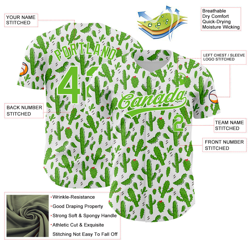 Custom White Aurora Green 3D Pattern Design Cactus Festival Authentic Baseball Jersey baseball jersey product view 3