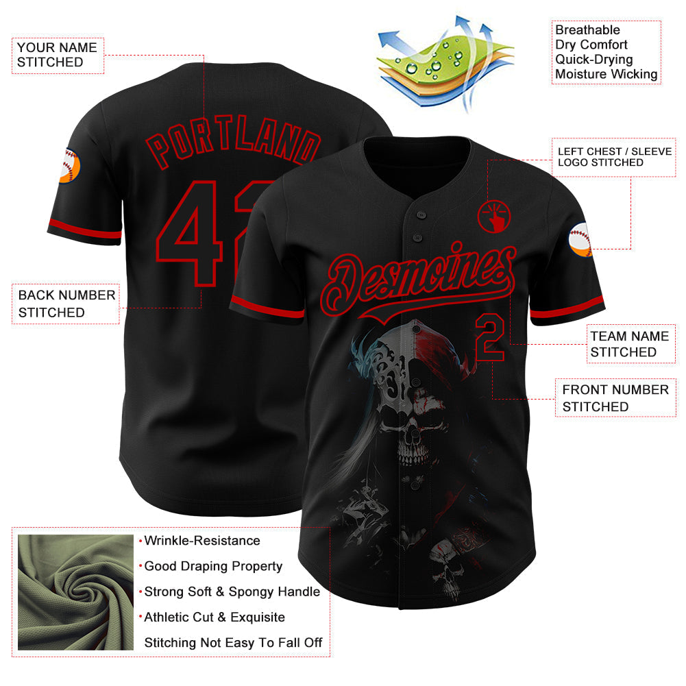 Custom Black Red 3D Skull Fashion Authentic Baseball Jersey baseball jersey product view 4