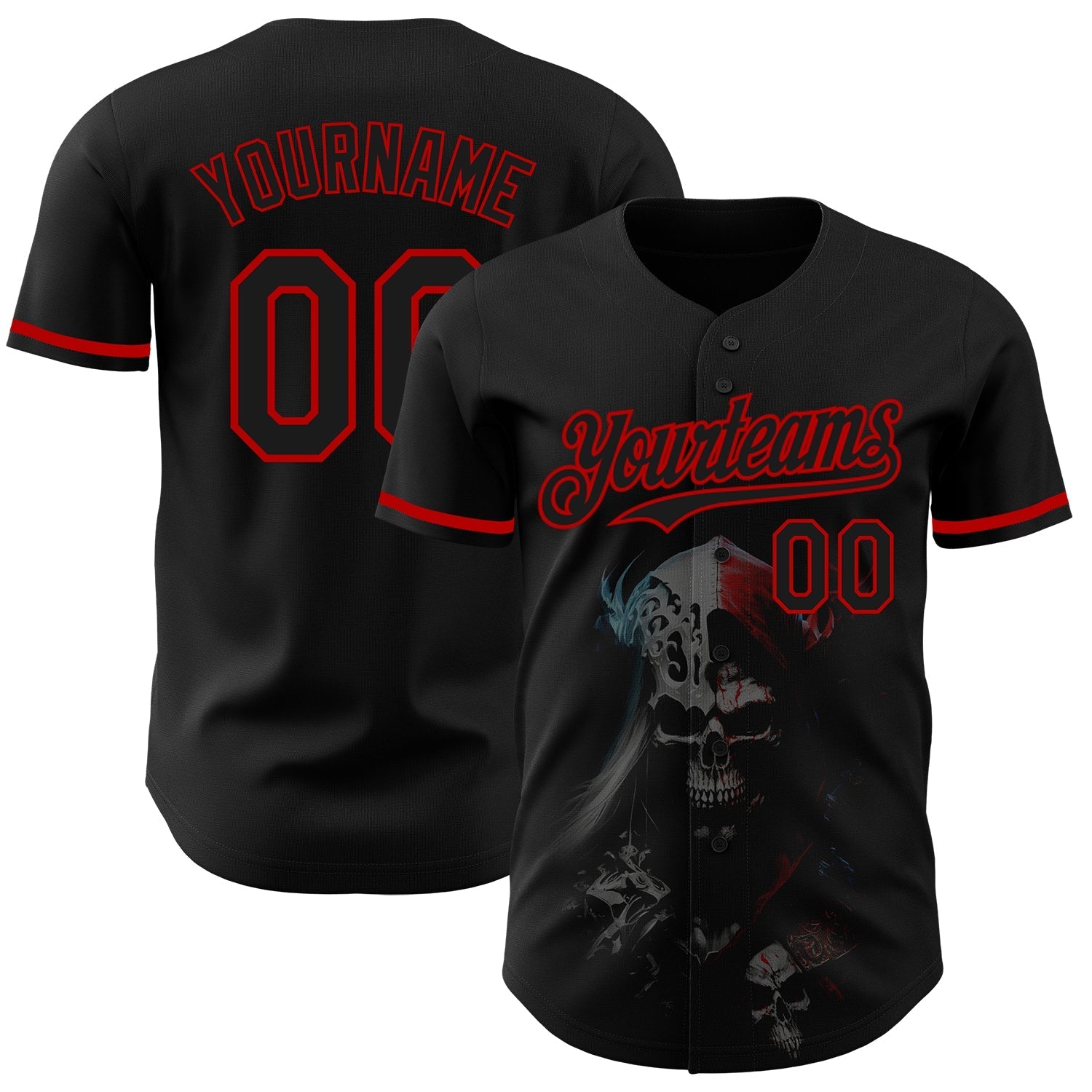 Custom Black Red 3D Skull Fashion Authentic Baseball Jersey baseball jersey product view 1