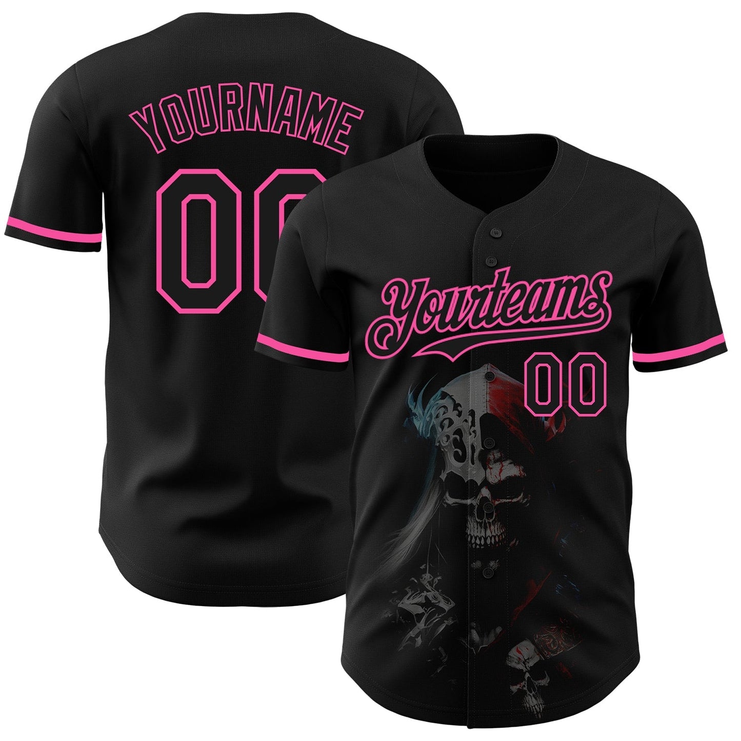 Custom Black Pink 3D Skull Fashion Authentic Baseball Jersey baseball jersey product view 1