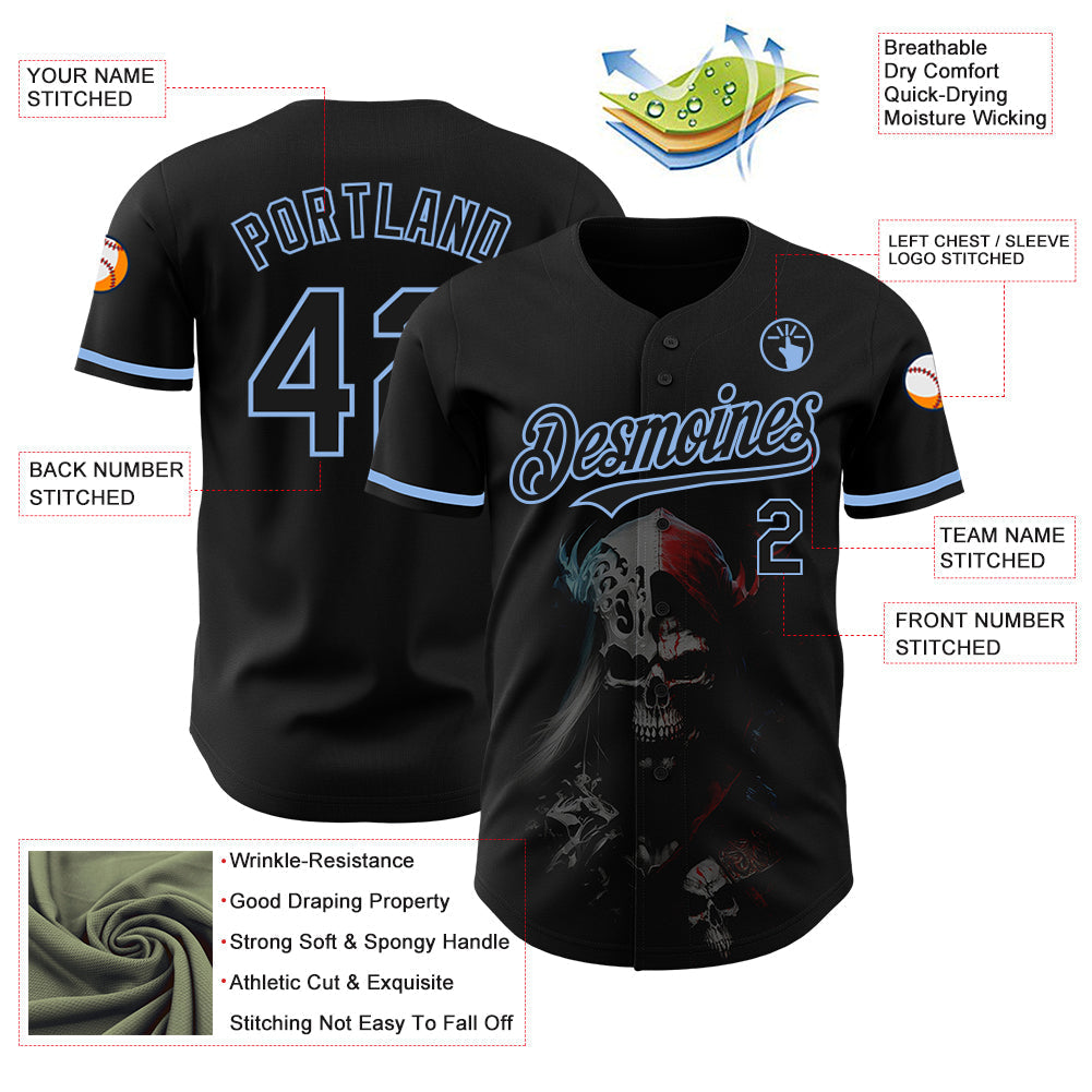 Custom Black Light Blue 3D Skull Fashion Authentic Baseball Jersey baseball jersey product view 3