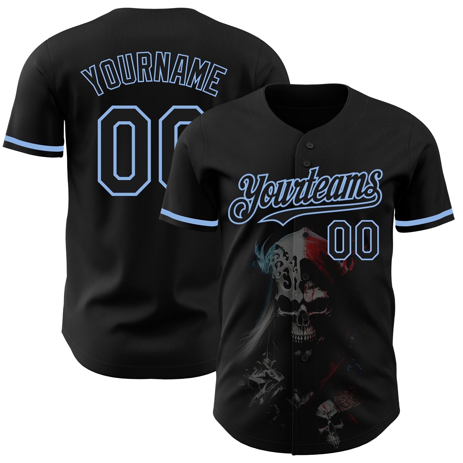 Custom Black Light Blue 3D Skull Fashion Authentic Baseball Jersey baseball jersey product view 1