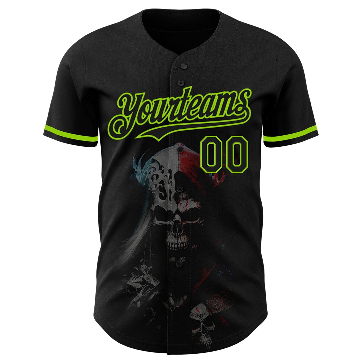 Custom Black Neon Green 3D Skull Fashion Authentic Baseball Jersey baseball jersey product view 2
