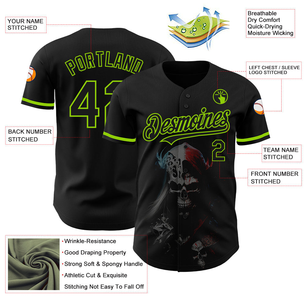Custom Black Neon Green 3D Skull Fashion Authentic Baseball Jersey baseball jersey product view 3