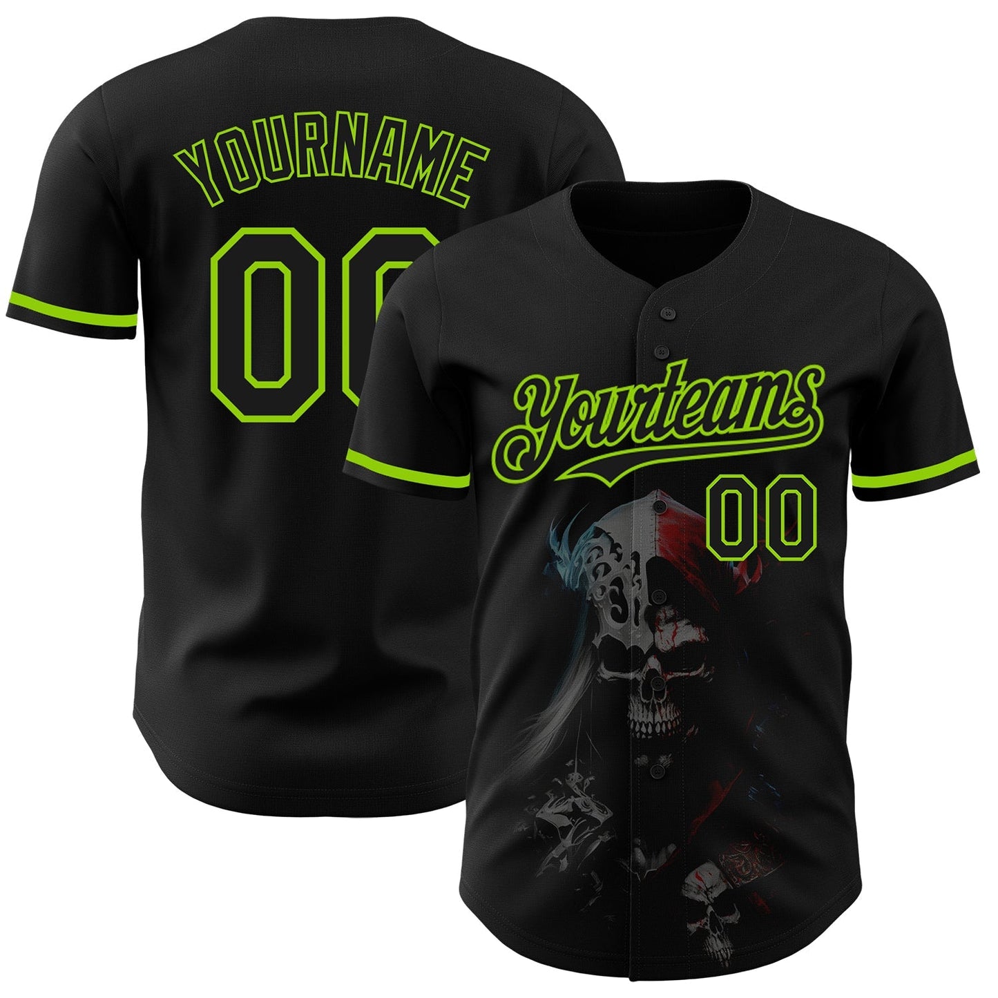 Custom Black Neon Green 3D Skull Fashion Authentic Baseball Jersey baseball jersey product view 1