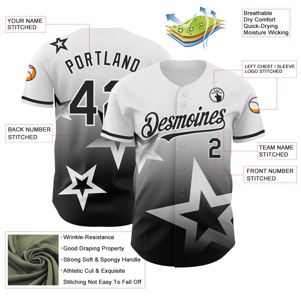 Custom White Black 3D Pattern Design Gradient Style Twinkle Star Authentic Baseball Jersey baseball jersey product view 3