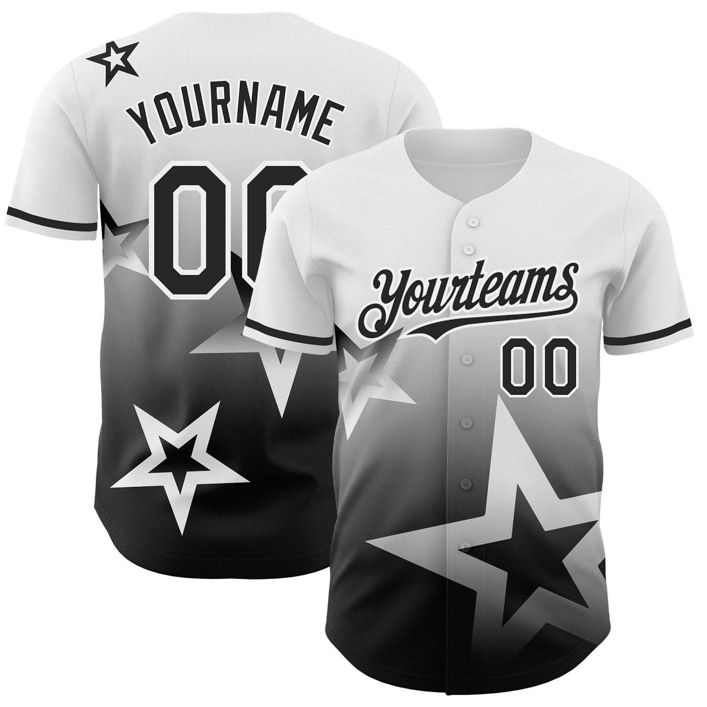 Custom White Black 3D Pattern Design Gradient Style Twinkle Star Authentic Baseball Jersey baseball jersey product view 1