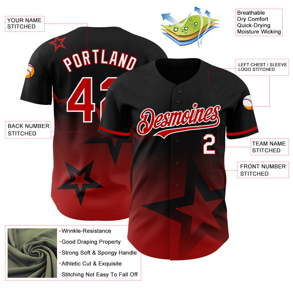Custom Black Red-White 3D Pattern Design Gradient Style Twinkle Star Authentic Baseball Jersey baseball jersey product view 3