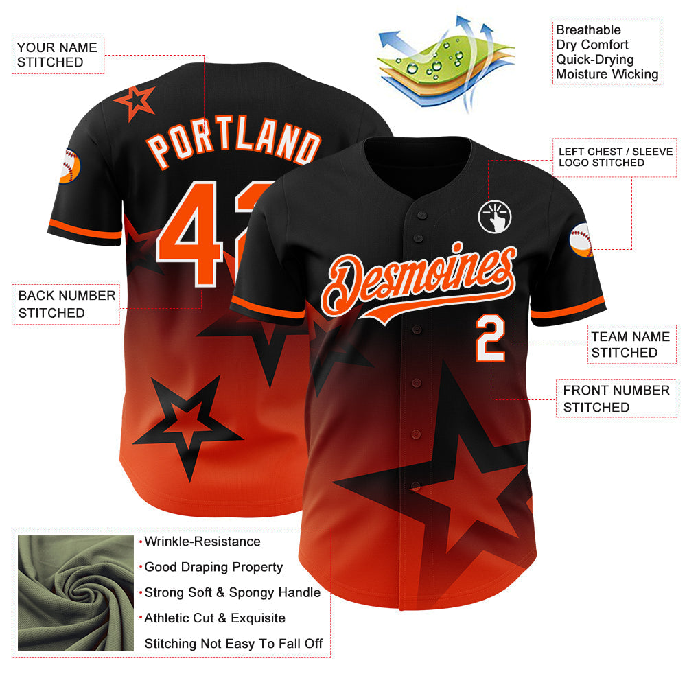 Custom Black Orange-White 3D Pattern Design Gradient Style Twinkle Star Authentic Baseball Jersey baseball jersey product view 3
