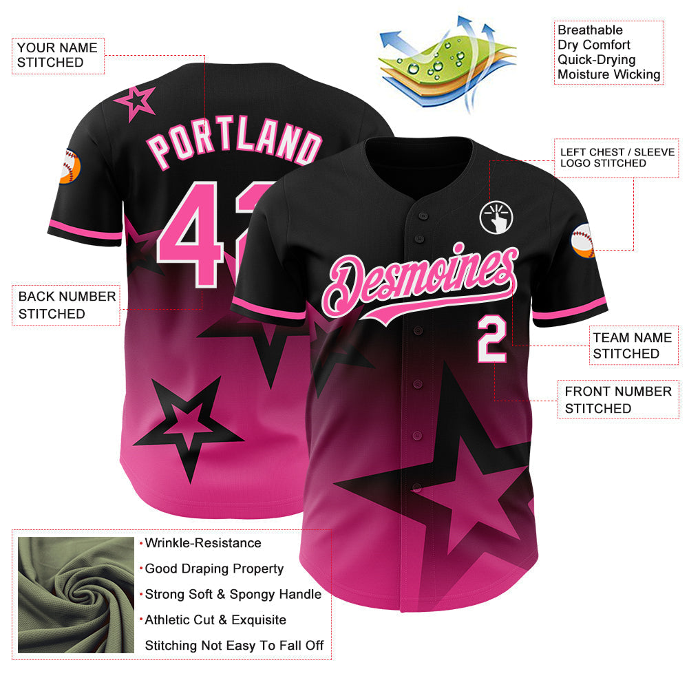 Custom Black Pink-White 3D Pattern Design Gradient Style Twinkle Star Authentic Baseball Jersey baseball jersey product view 3