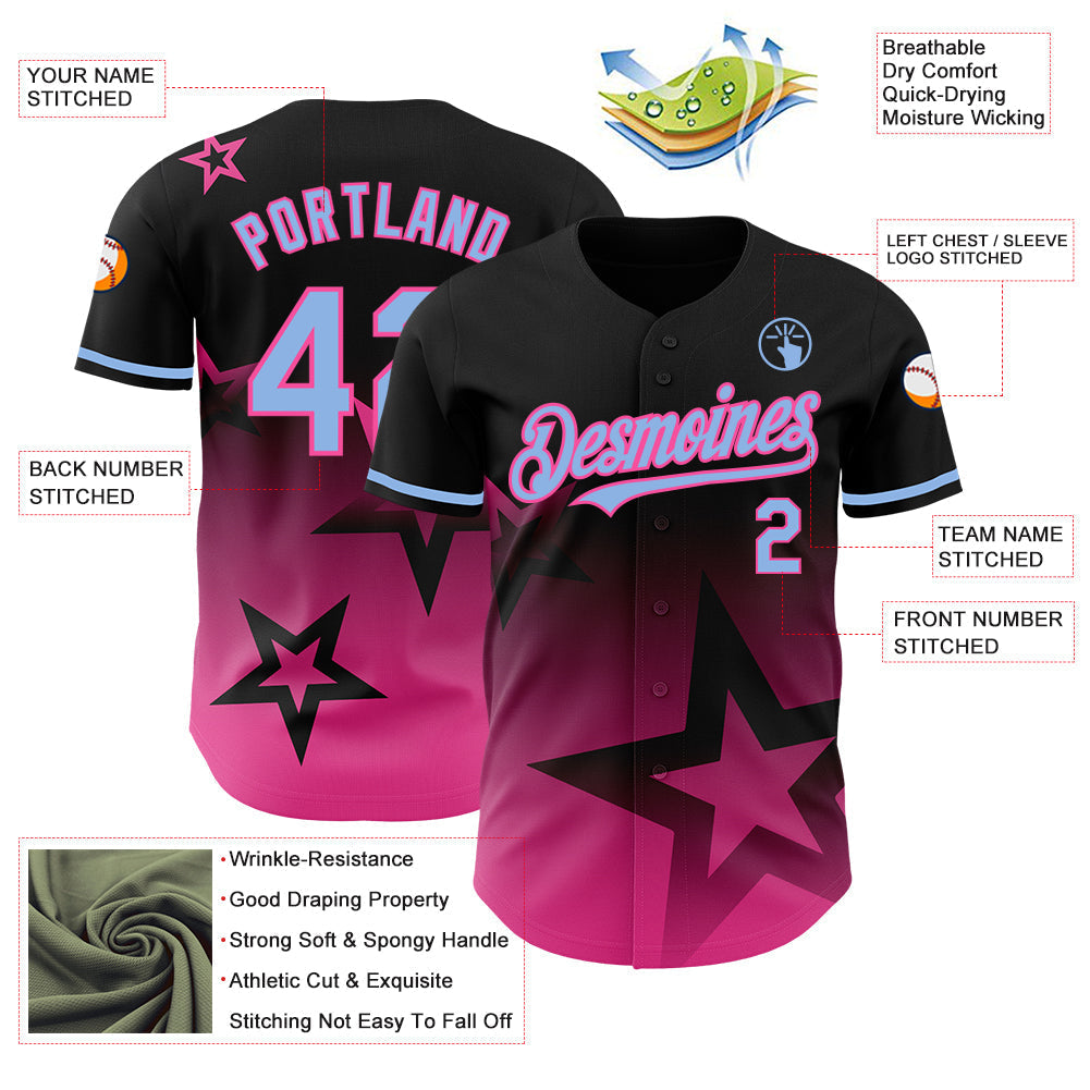 Custom Black Light Blue-Pink 3D Pattern Design Gradient Style Twinkle Star Authentic Baseball Jersey baseball jersey product view 3