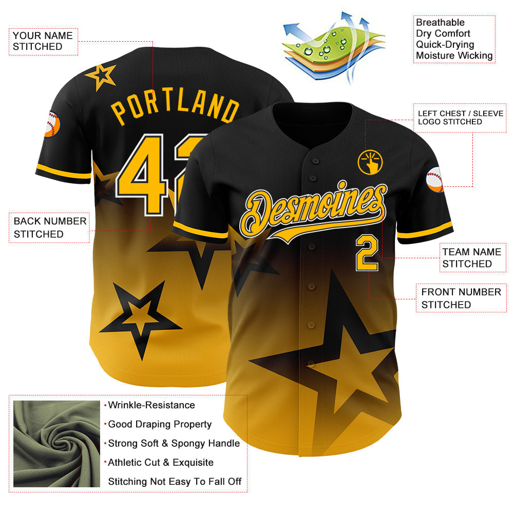 Custom Black Gold-White 3D Pattern Design Gradient Style Twinkle Star Authentic Baseball Jersey baseball jersey product view 3