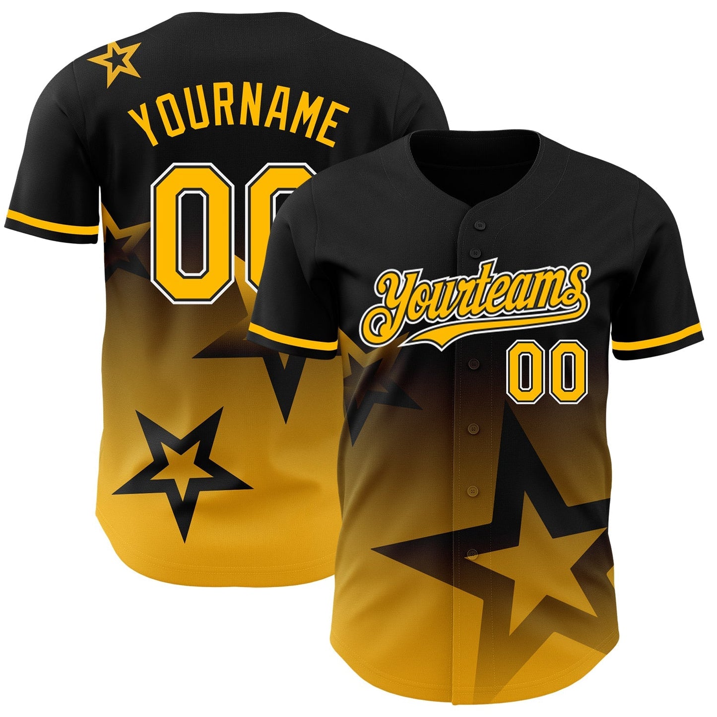 Custom Black Gold-White 3D Pattern Design Gradient Style Twinkle Star Authentic Baseball Jersey baseball jersey product view 1