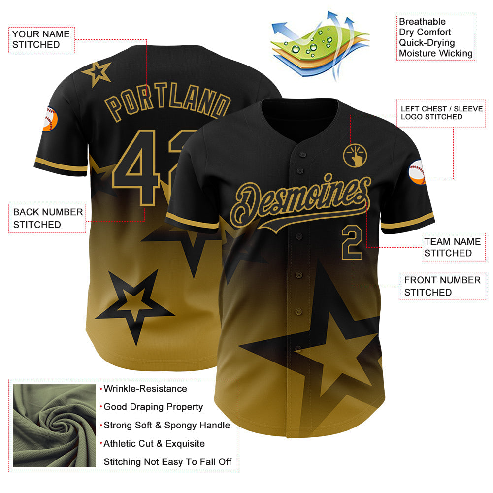 Custom Black Old Gold 3D Pattern Design Gradient Style Twinkle Star Authentic Baseball Jersey baseball jersey product view 3