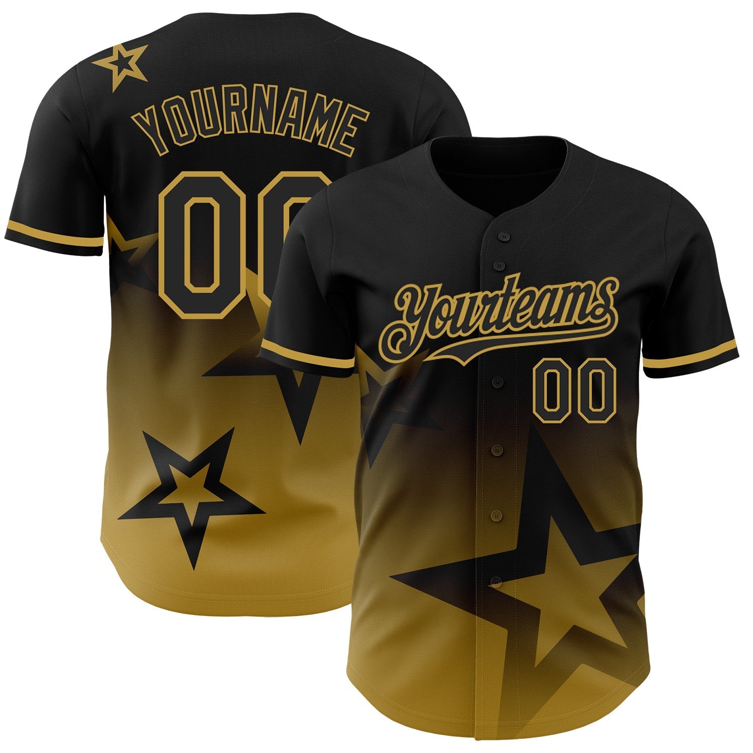 Custom Black Old Gold 3D Pattern Design Gradient Style Twinkle Star Authentic Baseball Jersey baseball jersey product view 1